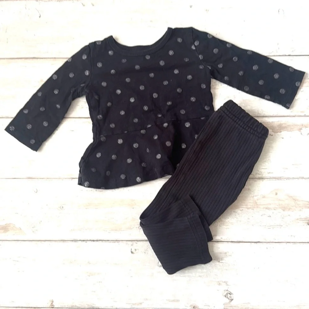 Carters 12m Baby Girl Outfit Black Leggings Long Sleeve Peplum Polka Dot Top